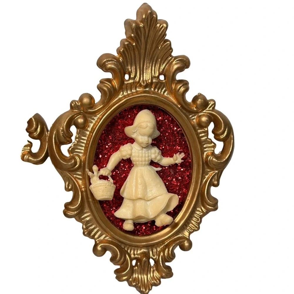 Dutch Boy Girl Gold Framed Glitter Wall Kitsch Art Hong Kong Mid Century 1950s